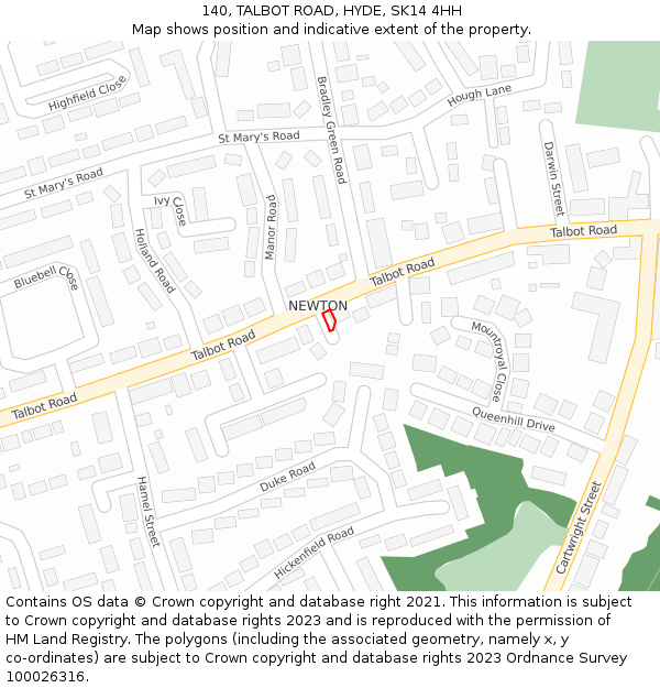 140, TALBOT ROAD, HYDE, SK14 4HH: Location map and indicative extent of plot