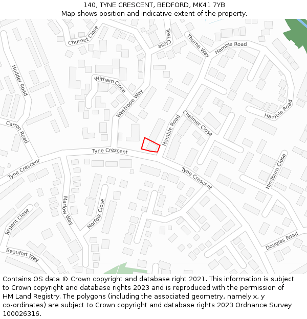 140, TYNE CRESCENT, BEDFORD, MK41 7YB: Location map and indicative extent of plot