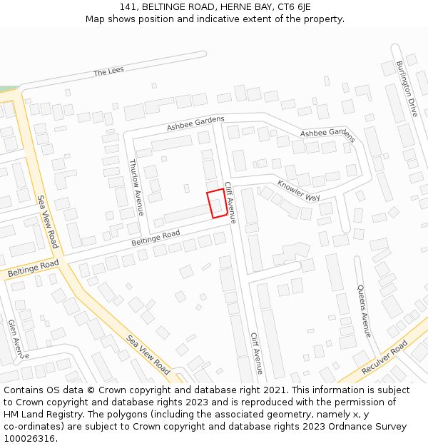 141, BELTINGE ROAD, HERNE BAY, CT6 6JE: Location map and indicative extent of plot