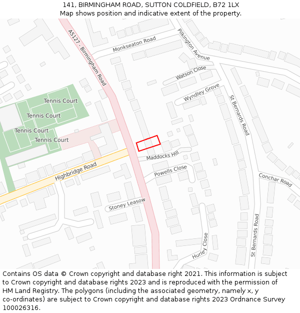 141, BIRMINGHAM ROAD, SUTTON COLDFIELD, B72 1LX: Location map and indicative extent of plot