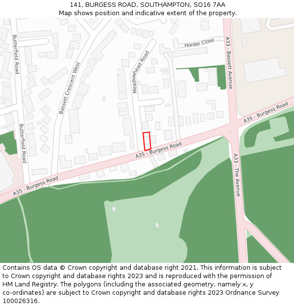 141, BURGESS ROAD, SOUTHAMPTON, SO16 7AA: Location map and indicative extent of plot