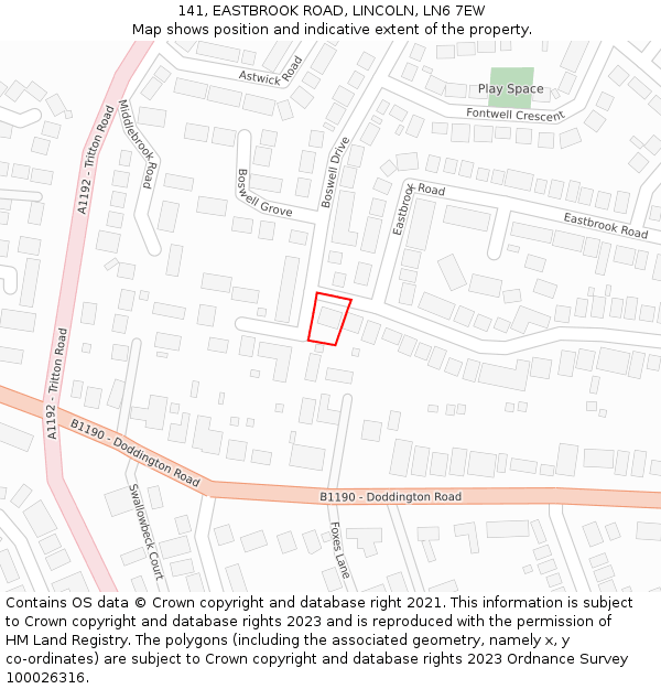 141, EASTBROOK ROAD, LINCOLN, LN6 7EW: Location map and indicative extent of plot