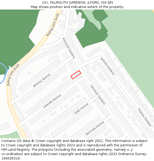 141, FALMOUTH GARDENS, ILFORD, IG4 5JN: Location map and indicative extent of plot