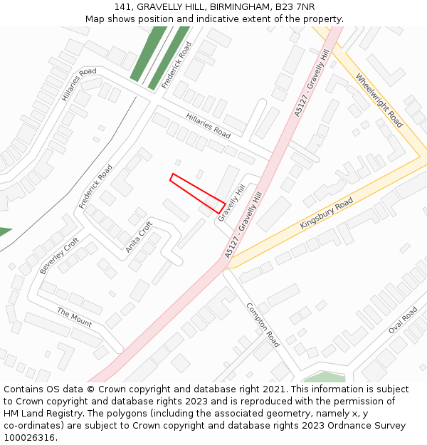 141, GRAVELLY HILL, BIRMINGHAM, B23 7NR: Location map and indicative extent of plot
