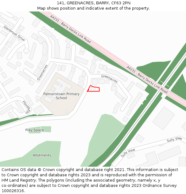 141, GREENACRES, BARRY, CF63 2PN: Location map and indicative extent of plot