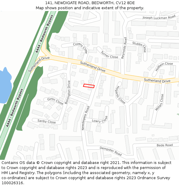 141, NEWDIGATE ROAD, BEDWORTH, CV12 8DE: Location map and indicative extent of plot