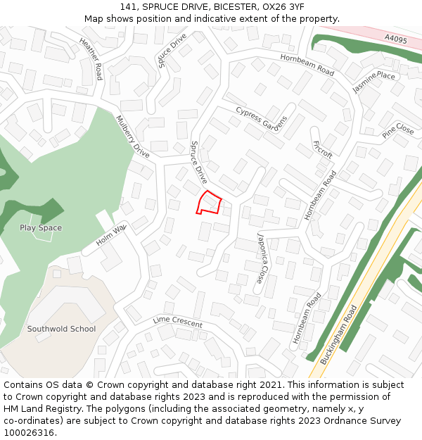 141, SPRUCE DRIVE, BICESTER, OX26 3YF: Location map and indicative extent of plot