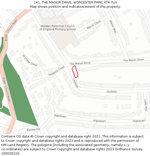 141, THE MANOR DRIVE, WORCESTER PARK, KT4 7LN: Location map and indicative extent of plot