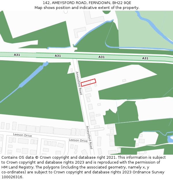 142, AMEYSFORD ROAD, FERNDOWN, BH22 9QE: Location map and indicative extent of plot