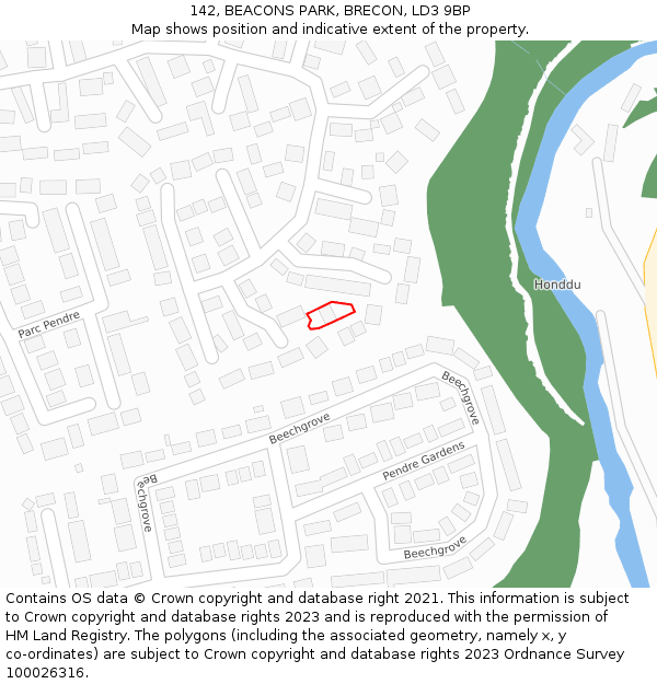 142, BEACONS PARK, BRECON, LD3 9BP: Location map and indicative extent of plot