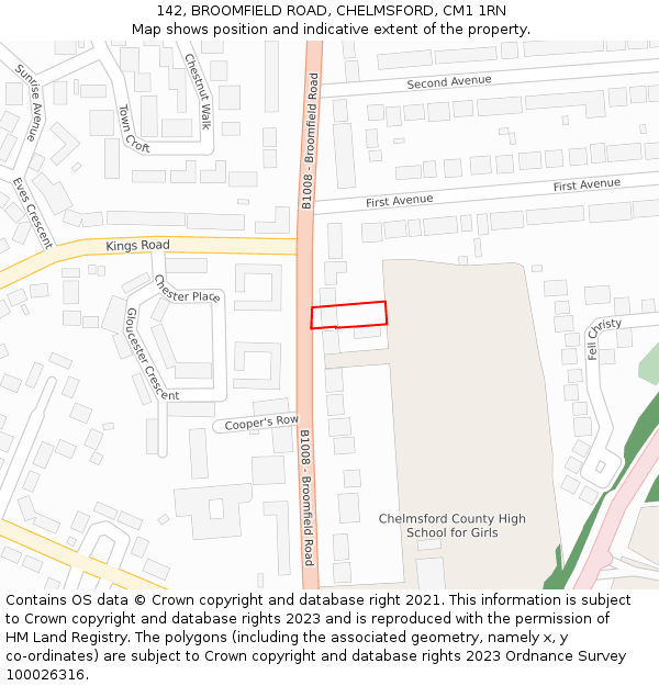 142, BROOMFIELD ROAD, CHELMSFORD, CM1 1RN: Location map and indicative extent of plot