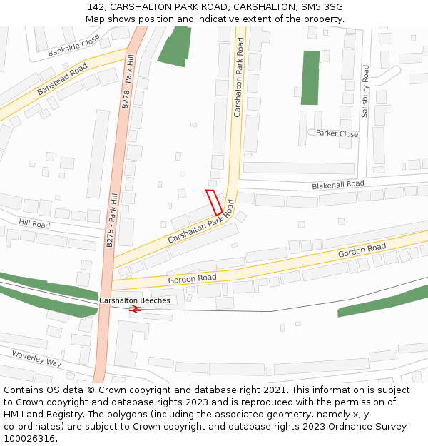 142, CARSHALTON PARK ROAD, CARSHALTON, SM5 3SG: Location map and indicative extent of plot