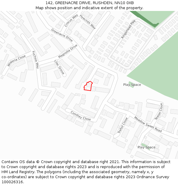 142, GREENACRE DRIVE, RUSHDEN, NN10 0XB: Location map and indicative extent of plot