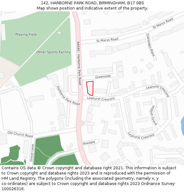 142, HARBORNE PARK ROAD, BIRMINGHAM, B17 0BS: Location map and indicative extent of plot