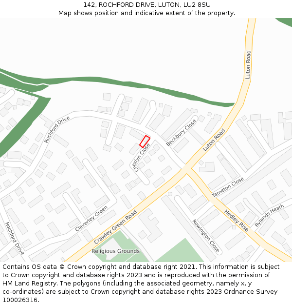 142, ROCHFORD DRIVE, LUTON, LU2 8SU: Location map and indicative extent of plot