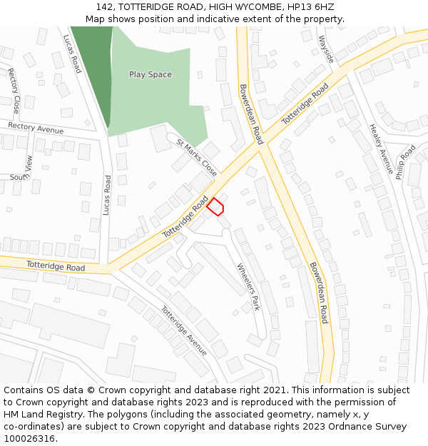 142, TOTTERIDGE ROAD, HIGH WYCOMBE, HP13 6HZ: Location map and indicative extent of plot