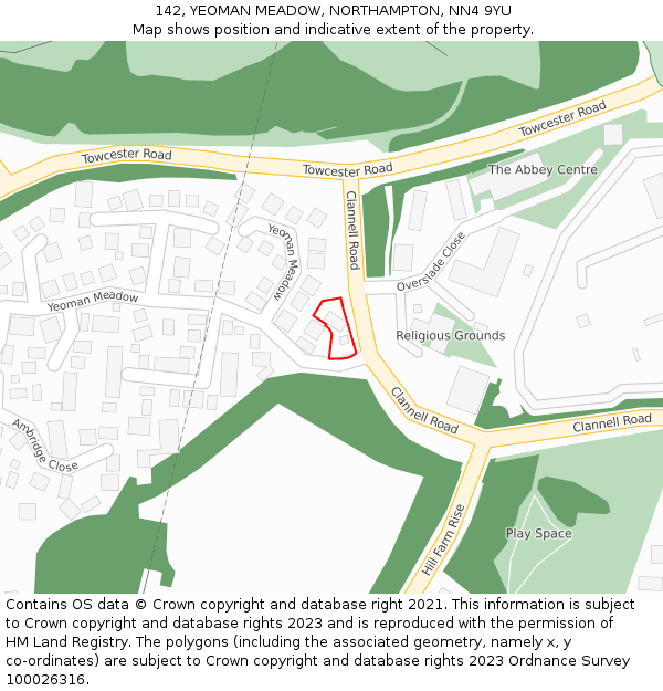142, YEOMAN MEADOW, NORTHAMPTON, NN4 9YU: Location map and indicative extent of plot