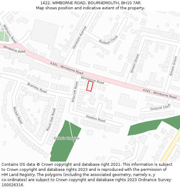 1422, WIMBORNE ROAD, BOURNEMOUTH, BH10 7AR: Location map and indicative extent of plot