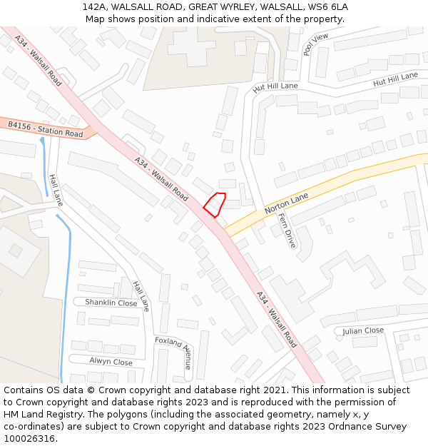 142A, WALSALL ROAD, GREAT WYRLEY, WALSALL, WS6 6LA: Location map and indicative extent of plot