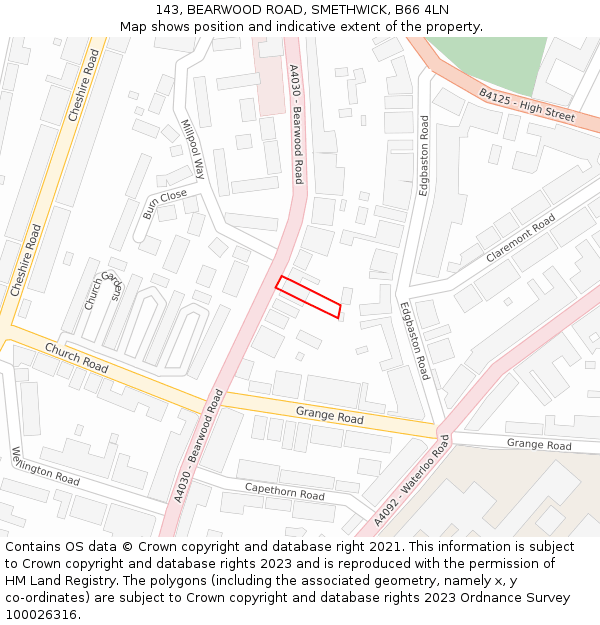 143, BEARWOOD ROAD, SMETHWICK, B66 4LN: Location map and indicative extent of plot