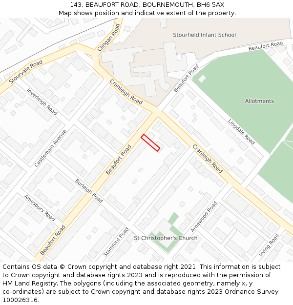 143, BEAUFORT ROAD, BOURNEMOUTH, BH6 5AX: Location map and indicative extent of plot