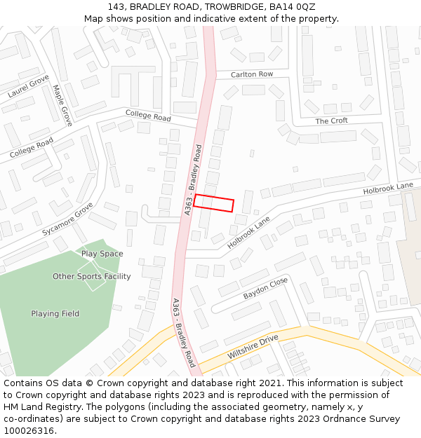 143, BRADLEY ROAD, TROWBRIDGE, BA14 0QZ: Location map and indicative extent of plot