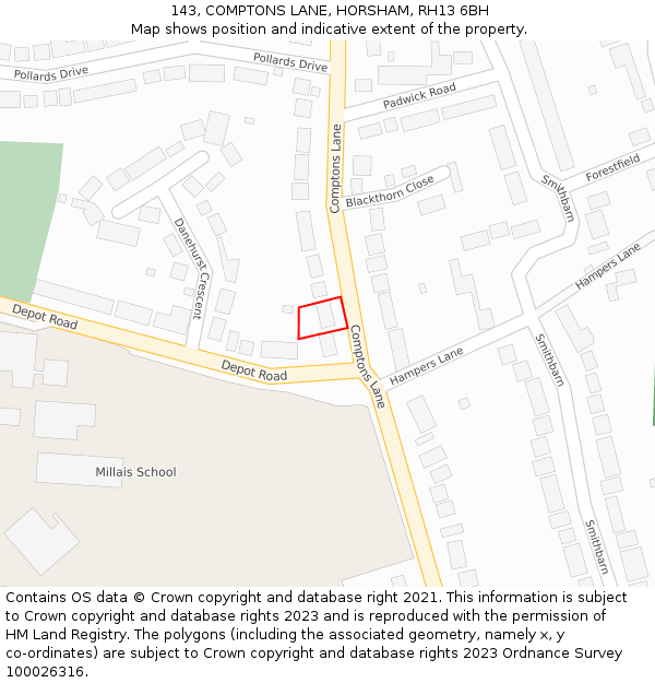 143, COMPTONS LANE, HORSHAM, RH13 6BH: Location map and indicative extent of plot