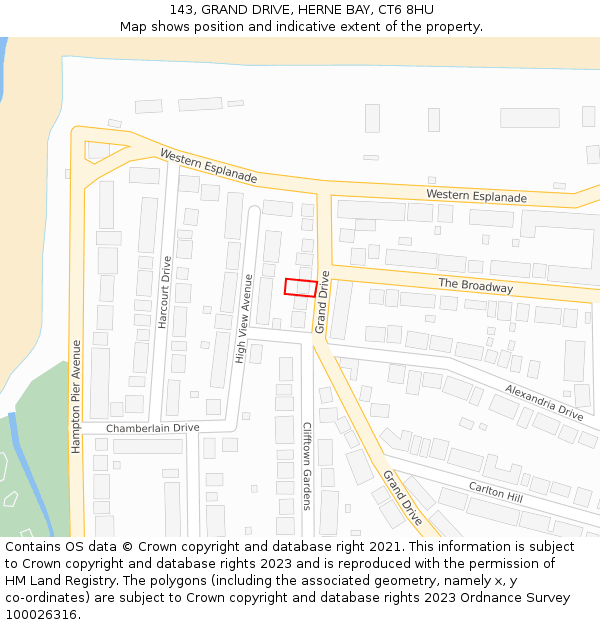 143, GRAND DRIVE, HERNE BAY, CT6 8HU: Location map and indicative extent of plot