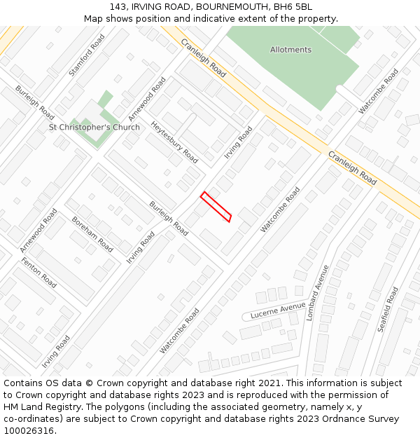 143, IRVING ROAD, BOURNEMOUTH, BH6 5BL: Location map and indicative extent of plot