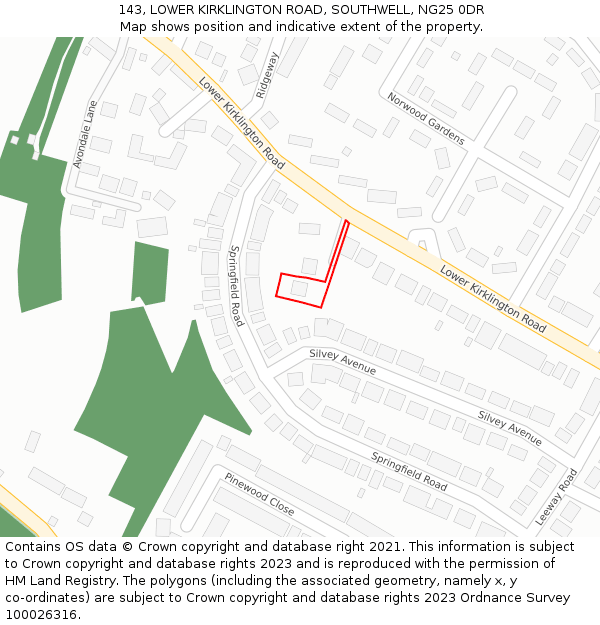 143, LOWER KIRKLINGTON ROAD, SOUTHWELL, NG25 0DR: Location map and indicative extent of plot