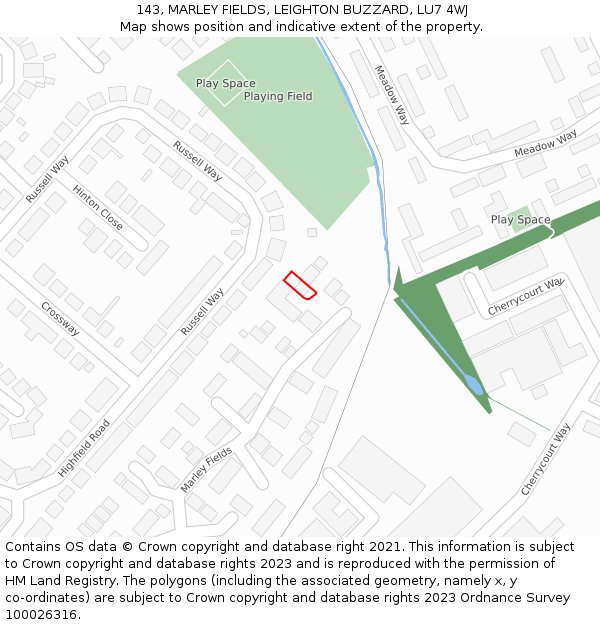 143, MARLEY FIELDS, LEIGHTON BUZZARD, LU7 4WJ: Location map and indicative extent of plot