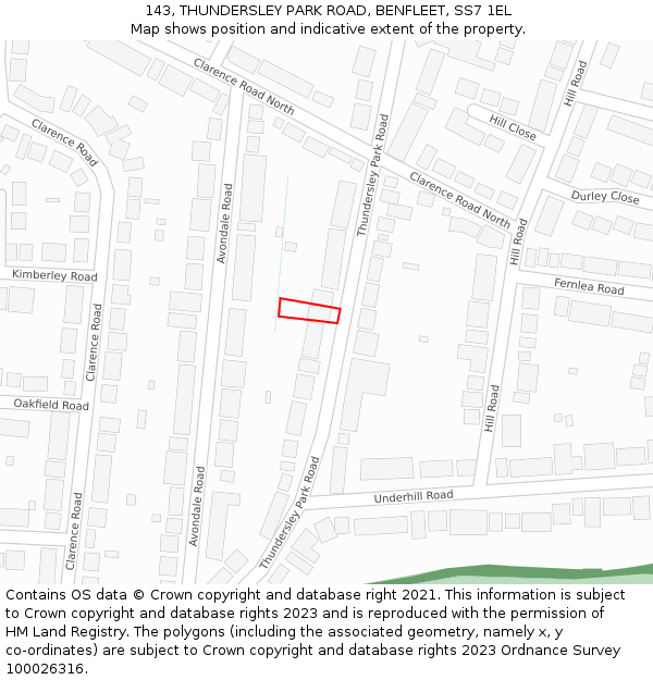 143, THUNDERSLEY PARK ROAD, BENFLEET, SS7 1EL: Location map and indicative extent of plot