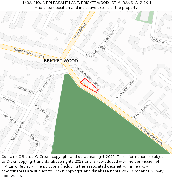 143A, MOUNT PLEASANT LANE, BRICKET WOOD, ST. ALBANS, AL2 3XH: Location map and indicative extent of plot