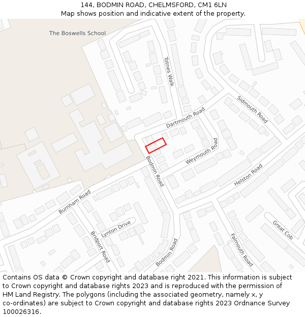 144, BODMIN ROAD, CHELMSFORD, CM1 6LN: Location map and indicative extent of plot