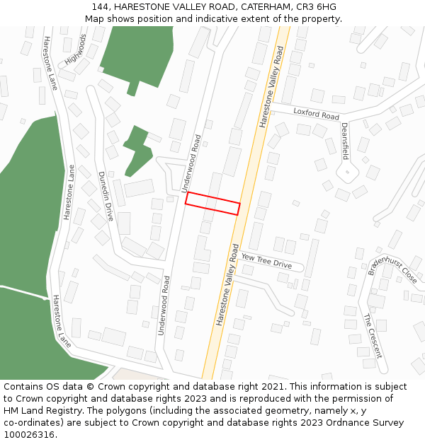 144, HARESTONE VALLEY ROAD, CATERHAM, CR3 6HG: Location map and indicative extent of plot