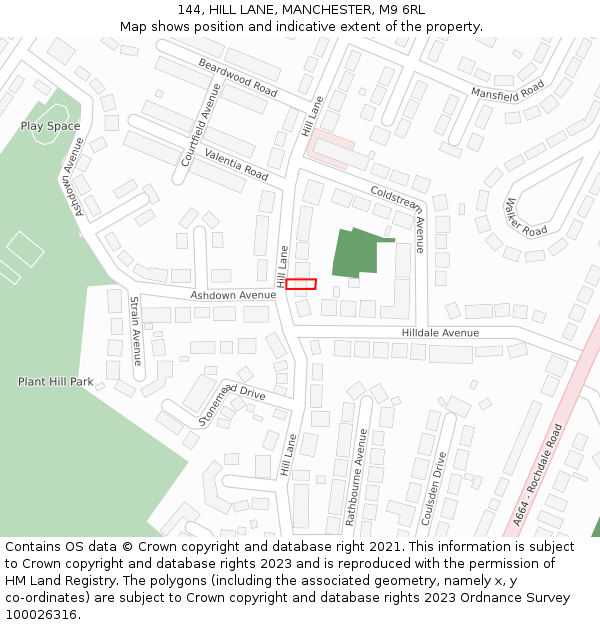 144, HILL LANE, MANCHESTER, M9 6RL: Location map and indicative extent of plot