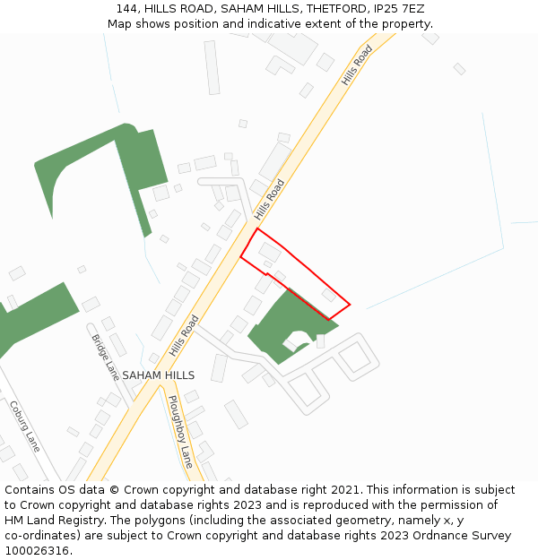 144, HILLS ROAD, SAHAM HILLS, THETFORD, IP25 7EZ: Location map and indicative extent of plot