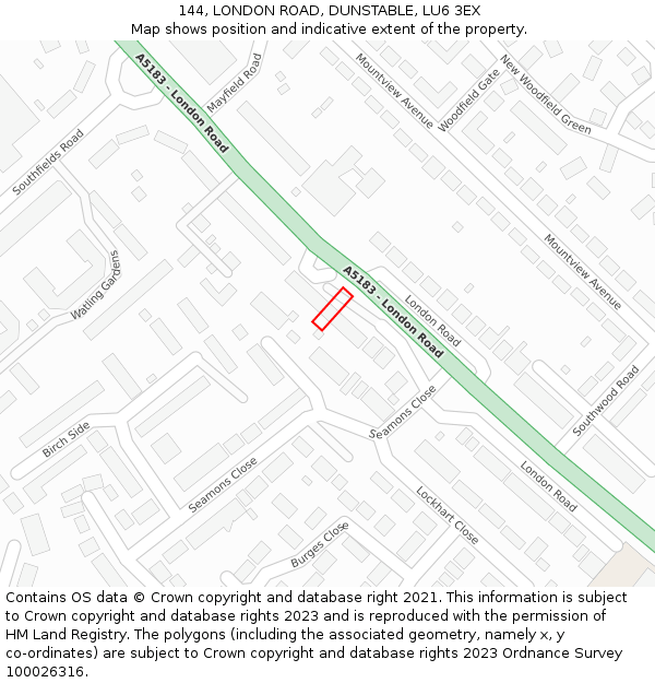 144, LONDON ROAD, DUNSTABLE, LU6 3EX: Location map and indicative extent of plot