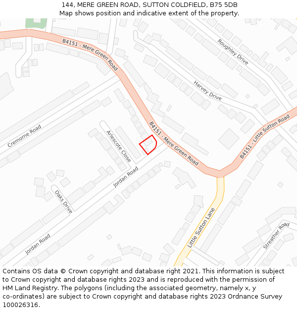 144, MERE GREEN ROAD, SUTTON COLDFIELD, B75 5DB: Location map and indicative extent of plot