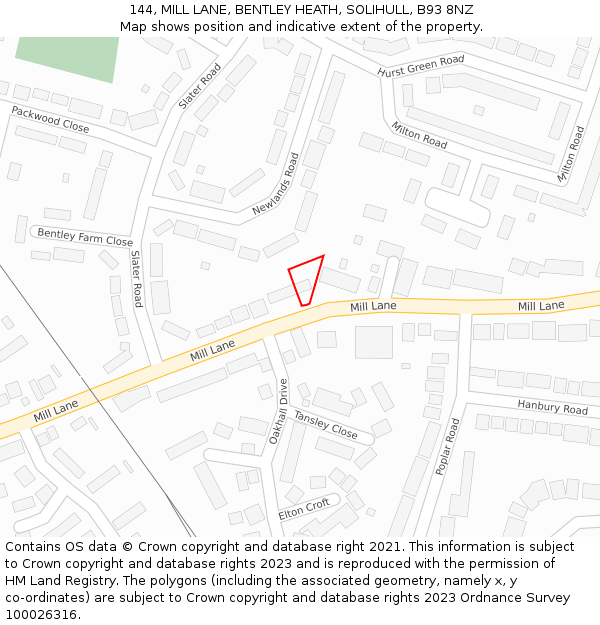 144, MILL LANE, BENTLEY HEATH, SOLIHULL, B93 8NZ: Location map and indicative extent of plot