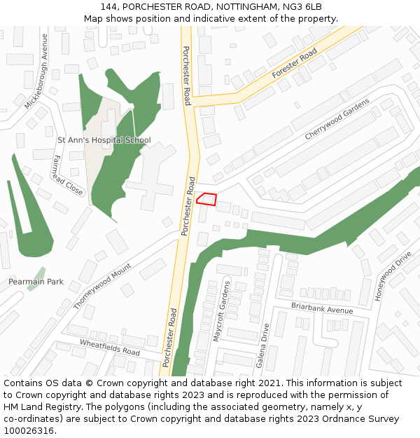 144, PORCHESTER ROAD, NOTTINGHAM, NG3 6LB: Location map and indicative extent of plot