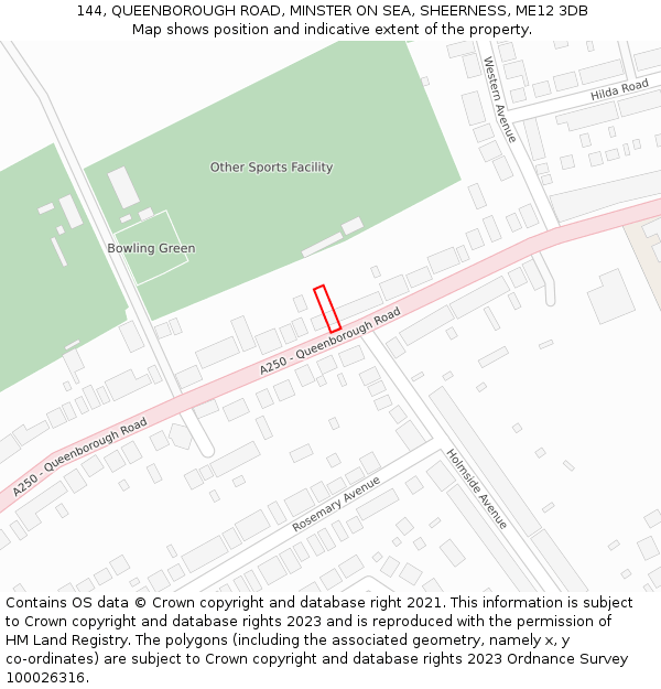 144, QUEENBOROUGH ROAD, MINSTER ON SEA, SHEERNESS, ME12 3DB: Location map and indicative extent of plot