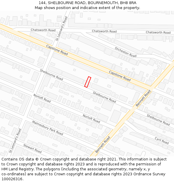 144, SHELBOURNE ROAD, BOURNEMOUTH, BH8 8RA: Location map and indicative extent of plot