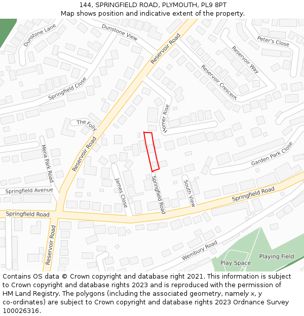 144, SPRINGFIELD ROAD, PLYMOUTH, PL9 8PT: Location map and indicative extent of plot