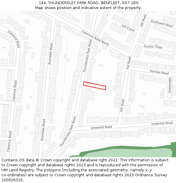 144, THUNDERSLEY PARK ROAD, BENFLEET, SS7 1EN: Location map and indicative extent of plot