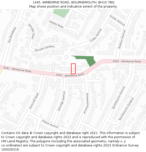 1445, WIMBORNE ROAD, BOURNEMOUTH, BH10 7BQ: Location map and indicative extent of plot