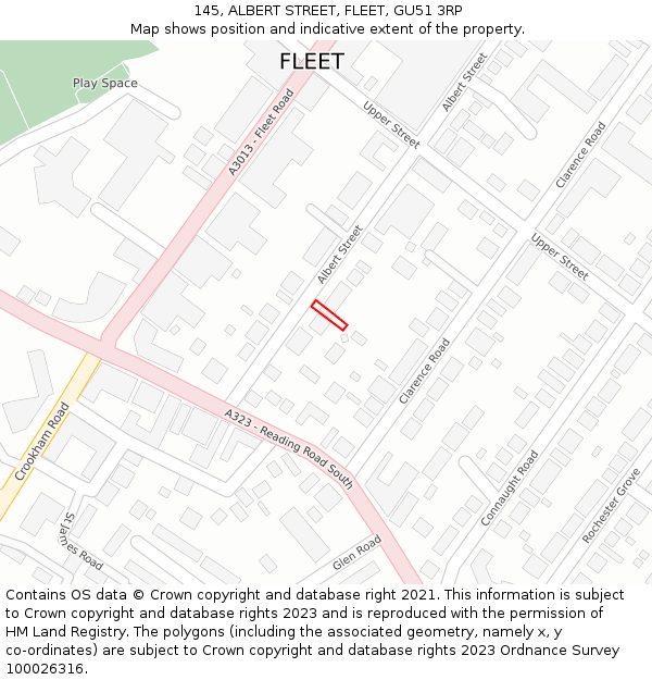 145, ALBERT STREET, FLEET, GU51 3RP: Location map and indicative extent of plot