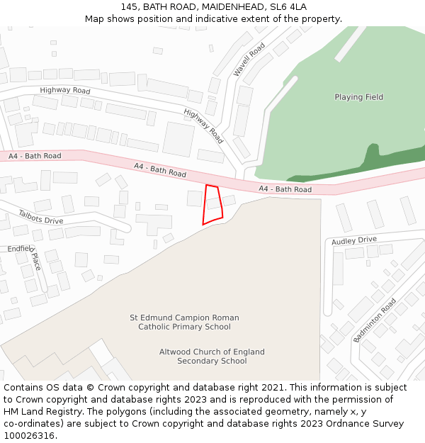 145, BATH ROAD, MAIDENHEAD, SL6 4LA: Location map and indicative extent of plot