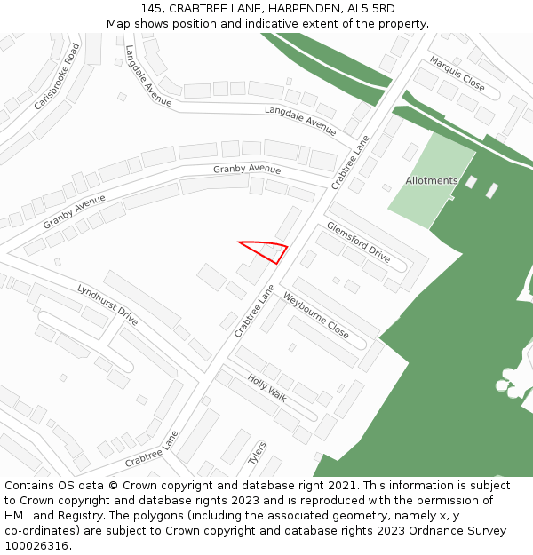 145, CRABTREE LANE, HARPENDEN, AL5 5RD: Location map and indicative extent of plot