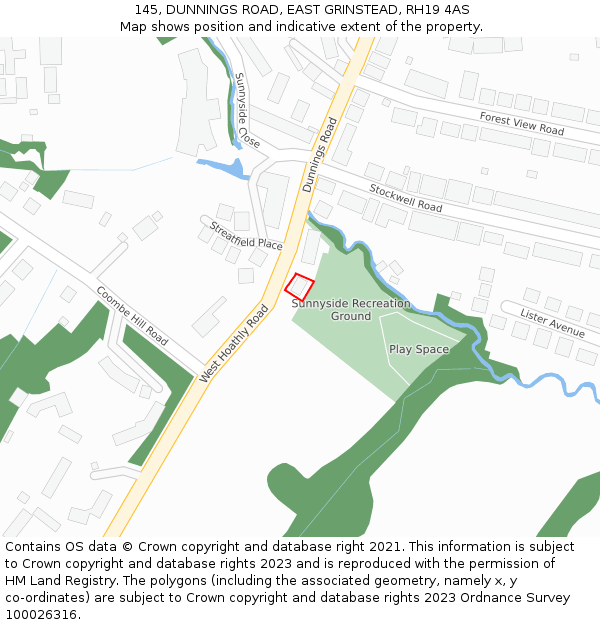 145, DUNNINGS ROAD, EAST GRINSTEAD, RH19 4AS: Location map and indicative extent of plot